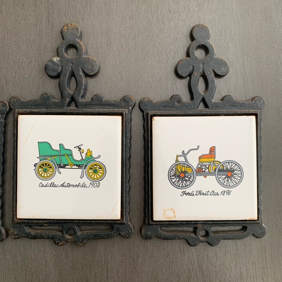 Vintage 60s San Huan Cast Iron Tile Antique Car Trivets Decorative Tiles - Picture 4 of 6